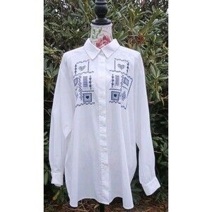 Koret Monterey White Embroidery Button Up Women's 20W Cottagecore Artsy Career